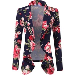 Doublju Floral Open Front Blazer Stretchy Navy Blue, Pink and Green Sz 2XL